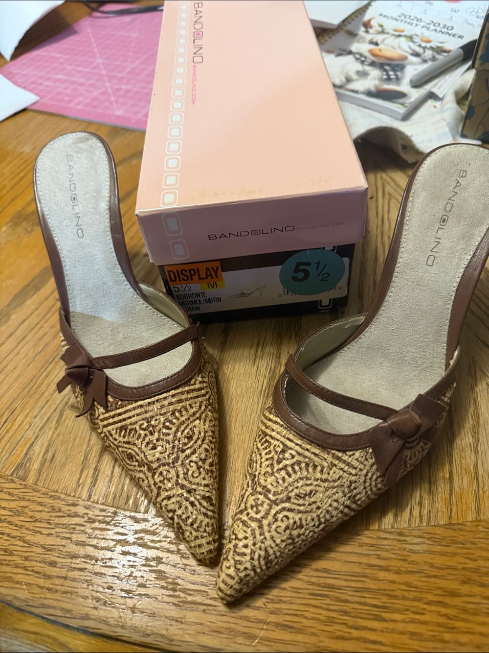 Bandolino Tan Woven Pointed-Toe Slip-On Mules with Brown Trim and Bow